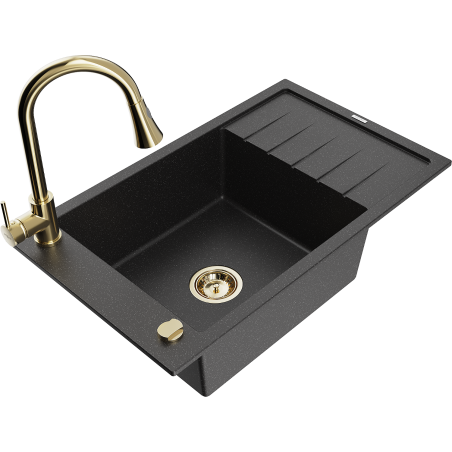 Mexen Elias 1-bowl granite sink with drainer and Elia kitchen tap, black/silver metallic - 6511-73-670101-50