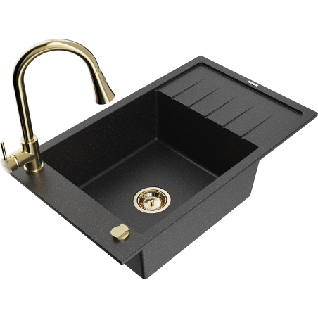 Mexen Elias granite kitchen sink 1-bowl with drainer and Elia kitchen faucet, black/silver metallic - 6511-73-670101-50