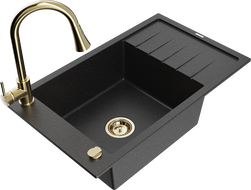 Mexen Elias granite kitchen sink 1-bowl with drainer and Elia kitchen faucet, black/silver metallic - 6511-73-670101-50