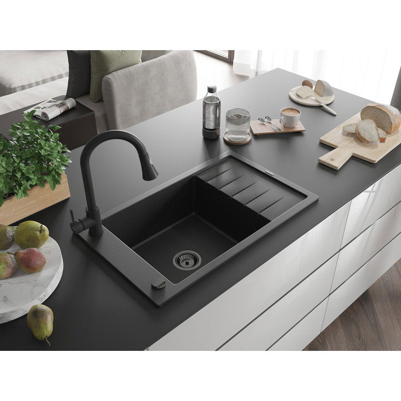 Mexen Elias 1-bowl granite sink with drainer and Elia kitchen tap, black/silver metallic - 6511-73-670101-70-B