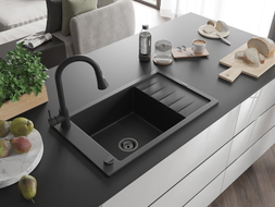 Mexen Elias granite sink 1-bowl with drainer and kitchen faucet Elia, black/silver metallic - 6511-73-670101-70-B