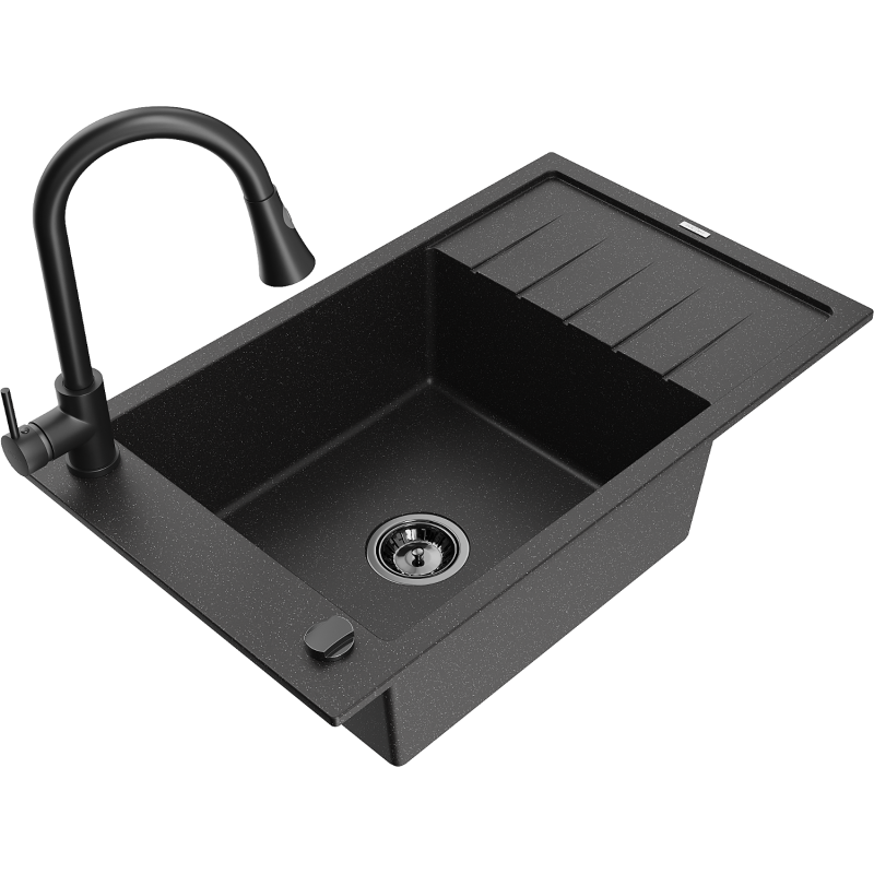 Mexen Elias 1-compartment granite sink with a drip tray and kitchen mixer tap Elia, Black/Silver metallic - 6511-73-670101-70-B