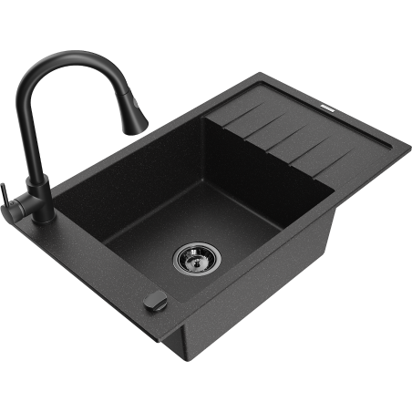 Mexen Elias granite sink 1-bowl with drainer and kitchen faucet Elia, black/silver metallic - 6511-73-670101-70-B