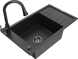 Mexen Elias granite sink 1-bowl with drainer and kitchen faucet Elia, black/silver metallic - 6511-73-670101-70-B