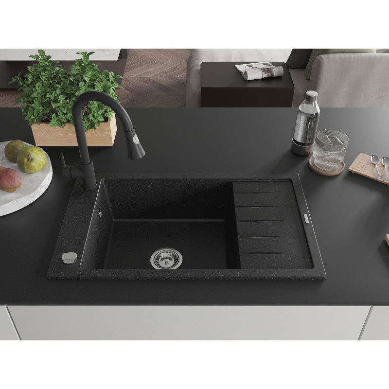 Mexen Elias 1-bowl granite sink with drainer and Elia kitchen tap, black/silver metallic - 6511-73-670101-70