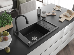 Mexen Elias granite kitchen sink 1-bowl with drainer and kitchen faucet Elia, black/silver metallic - 6511-73-670101-70