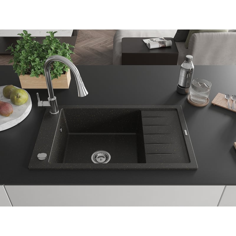 Mexen Elias 1-bowl granite sink with drainer and Elia kitchen faucet, black/gold metallic - 6511-75-670101-00