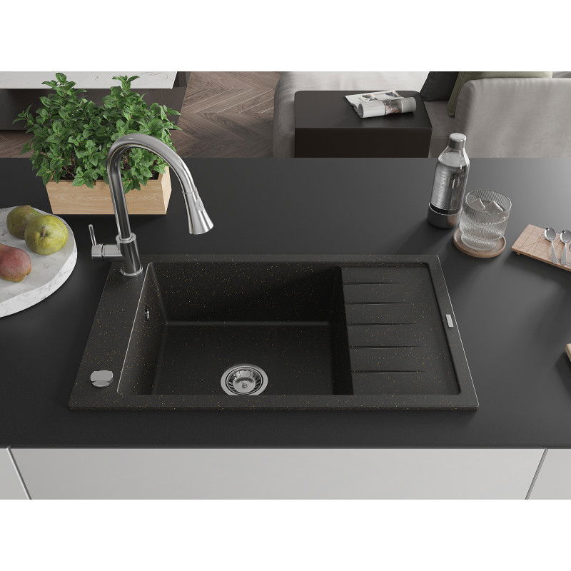 Mexen Elias granite sink 1-bowl with drainer and kitchen tap Elia, black/gold metallic - 6511-75-670101-00