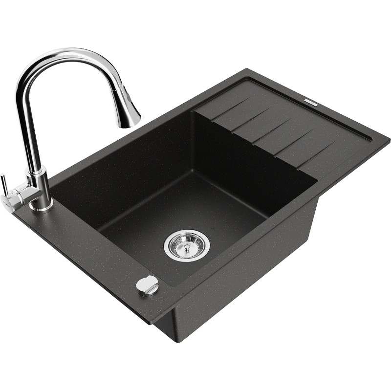 Mexen Elias 1-bowl granite sink with drainer and Elia kitchen faucet, black/gold metallic - 6511-75-670101-00