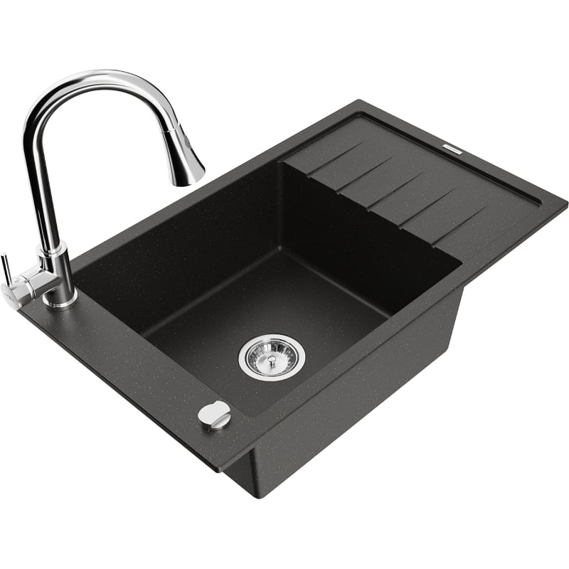 Mexen Elias 1-bowl granite sink with drainer and kitchen faucet Elia, black/gold metallic - 6511-75-670101-00