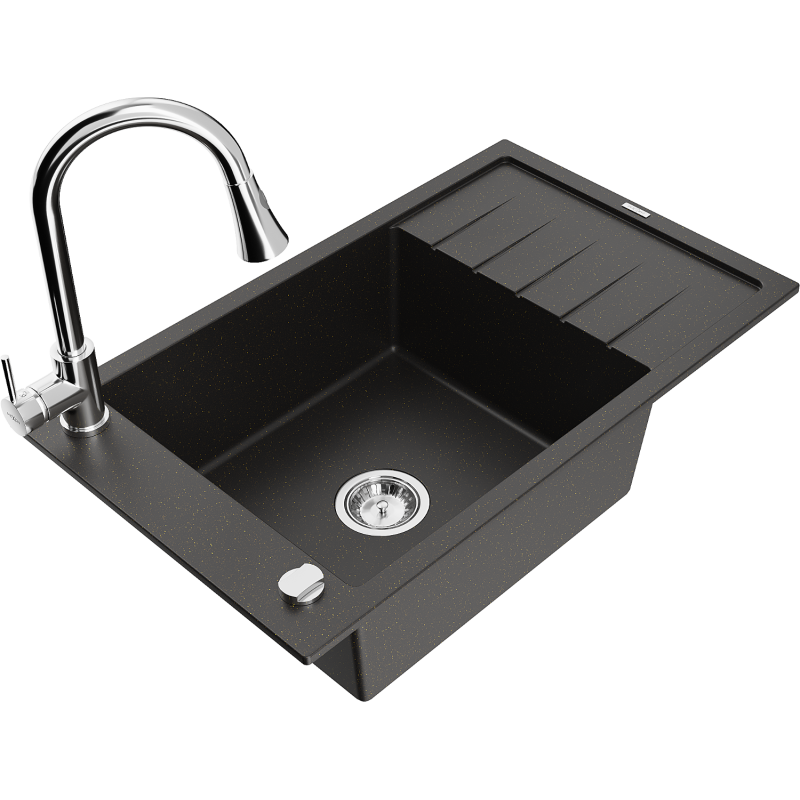 Mexen Elias granite sink 1-bowl with drainer and kitchen tap Elia, black/gold metallic - 6511-75-670101-00