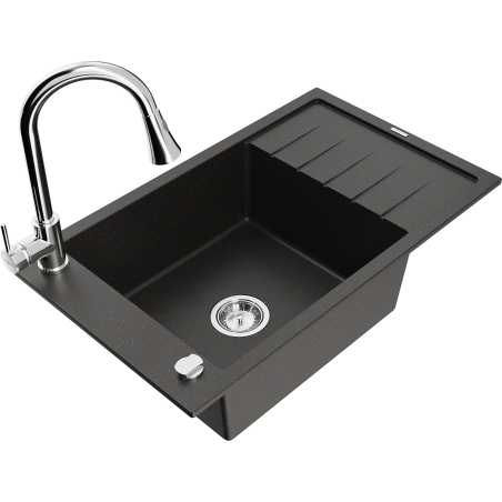Mexen Elias 1-bowl granite sink with drainer and Elia kitchen faucet, black/gold metallic - 6511-75-670101-00