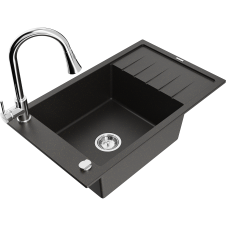 Mexen Elias granite sink 1-bowl with drainer and kitchen tap Elia, black/gold metallic - 6511-75-670101-00
