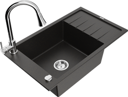 Mexen Elias 1-compartment granite sink with a drip tray and kitchen mixer tap Elia, Black/Gold metallic - 6511-75-670101-00