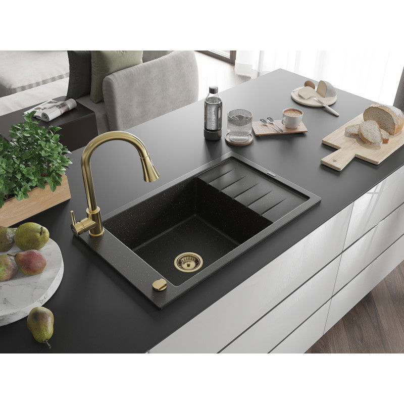 Mexen Elias 1-bowl granite sink with drainer and Elia kitchen tap, black/gold metallic - 6511-75-670101-50