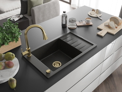 Mexen Elias 1-bowl granite sink with drainer and kitchen faucet Elia, black/gold metallic - 6511-75-670101-50