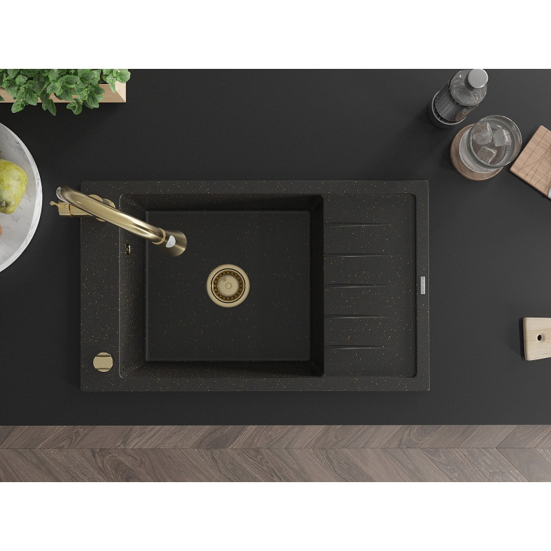 Mexen Elias 1-bowl granite sink with drainer and Elia kitchen faucet, black/gold metallic - 6511-75-670101-50