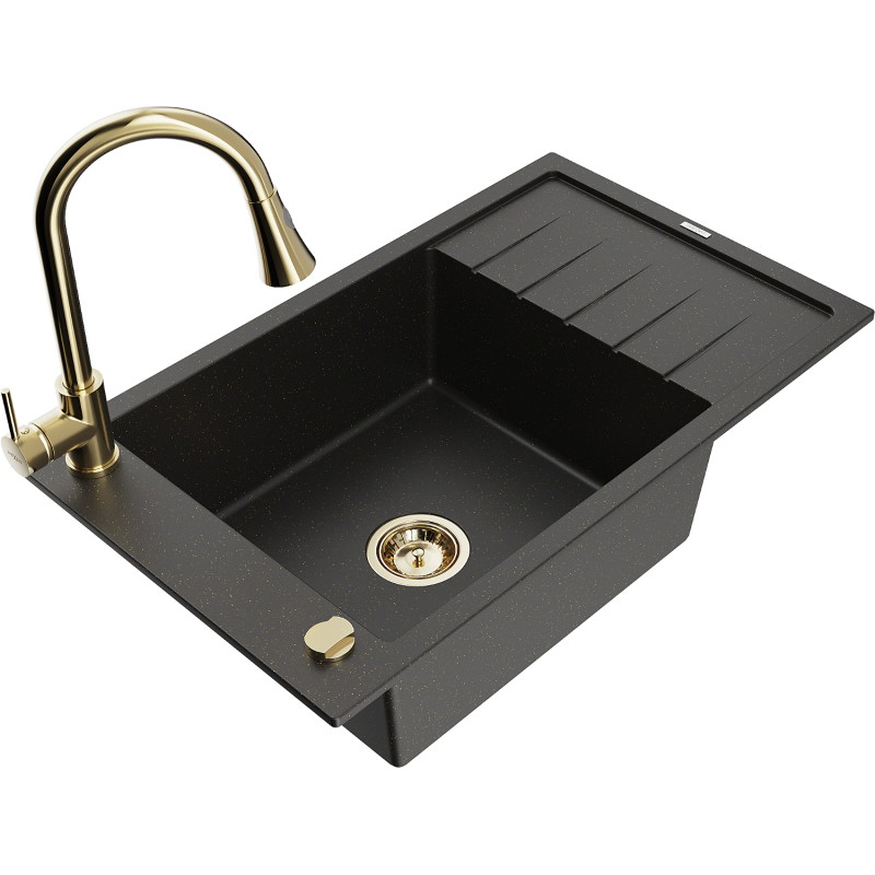 Mexen Elias 1-bowl granite sink with drainer and Elia kitchen faucet, black/gold metallic - 6511-75-670101-50