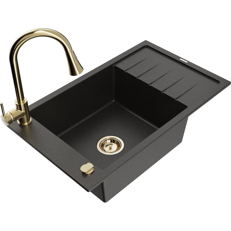 Mexen Elias 1-bowl granite sink with drainer and kitchen faucet Elia, black/gold metallic - 6511-75-670101-50