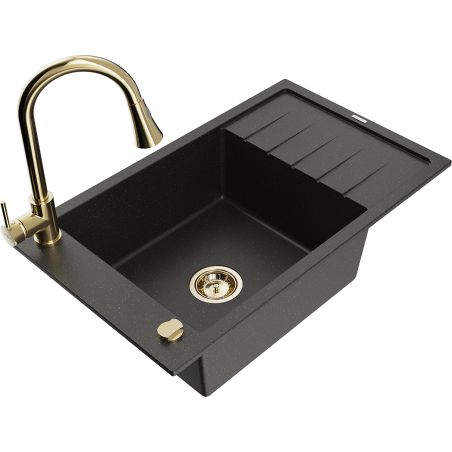 Mexen Elias 1-bowl granite sink with drainer and Elia kitchen faucet, black/gold metallic - 6511-75-670101-50