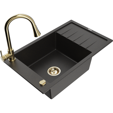 Mexen Elias 1-bowl granite sink with drainer and Elia kitchen tap, black/gold metallic - 6511-75-670101-50