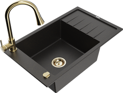 Mexen Elias 1-compartment granite sink with a drip tray and kitchen mixer tap Elia, Black/Gold metallic - 6511-75-670101-50