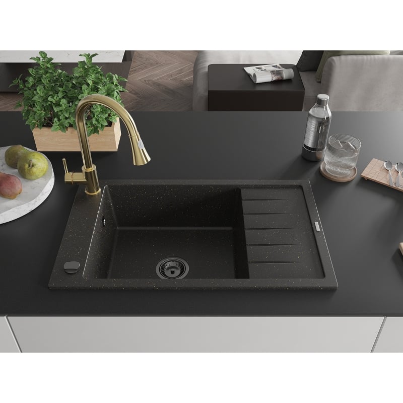 Mexen Elias 1-bowl granite sink with drainer and kitchen faucet Elia, black/gold metallic - 6511-75-670101-50-B