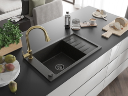 Mexen Elias 1-bowl granite sink with drainer and kitchen faucet Elia, black/gold metallic - 6511-75-670101-50-B