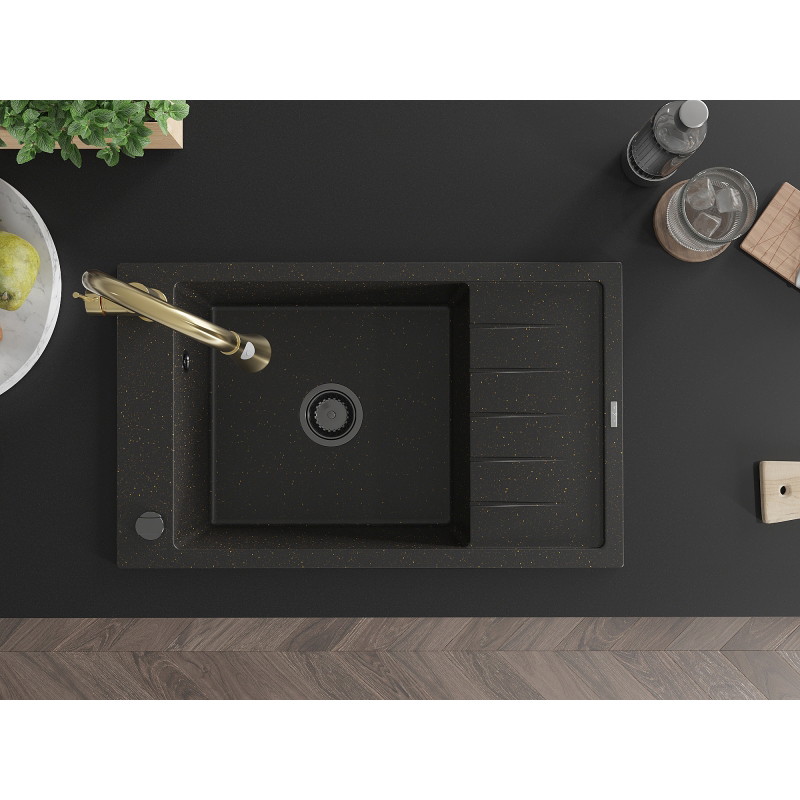 Mexen Elias 1-bowl granite sink with drainer and kitchen faucet Elia, black/gold metallic - 6511-75-670101-50-B