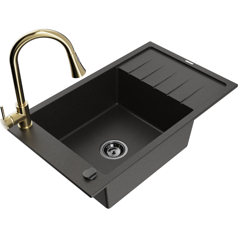Mexen Elias 1-bowl granite sink with drainer and Elia kitchen tap, black/gold metallic - 6511-75-670101-50-B