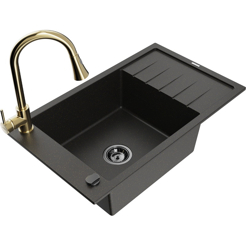 Mexen Elias 1-bowl granite sink with drainer and kitchen faucet Elia, black/gold metallic - 6511-75-670101-50-B