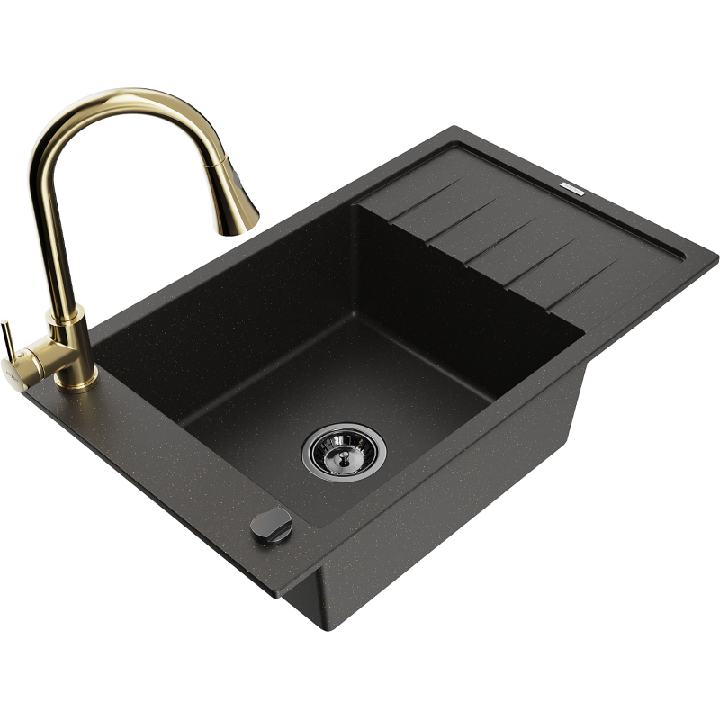 Mexen Elias 1-compartment granite sink with a drip tray and kitchen mixer tap Elia, Black/Gold metallic - 6511-75-670101-50-B