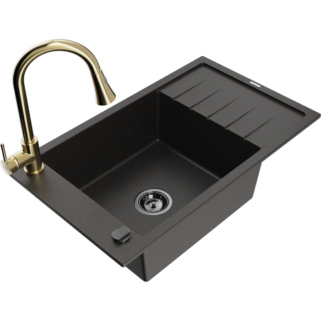 Mexen Elias 1-bowl granite sink with drainer and Elia kitchen tap, black/gold metallic - 6511-75-670101-50-B