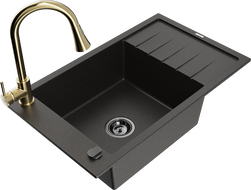 Mexen Elias 1-bowl granite sink with drainer and kitchen faucet Elia, black/gold metallic - 6511-75-670101-50-B