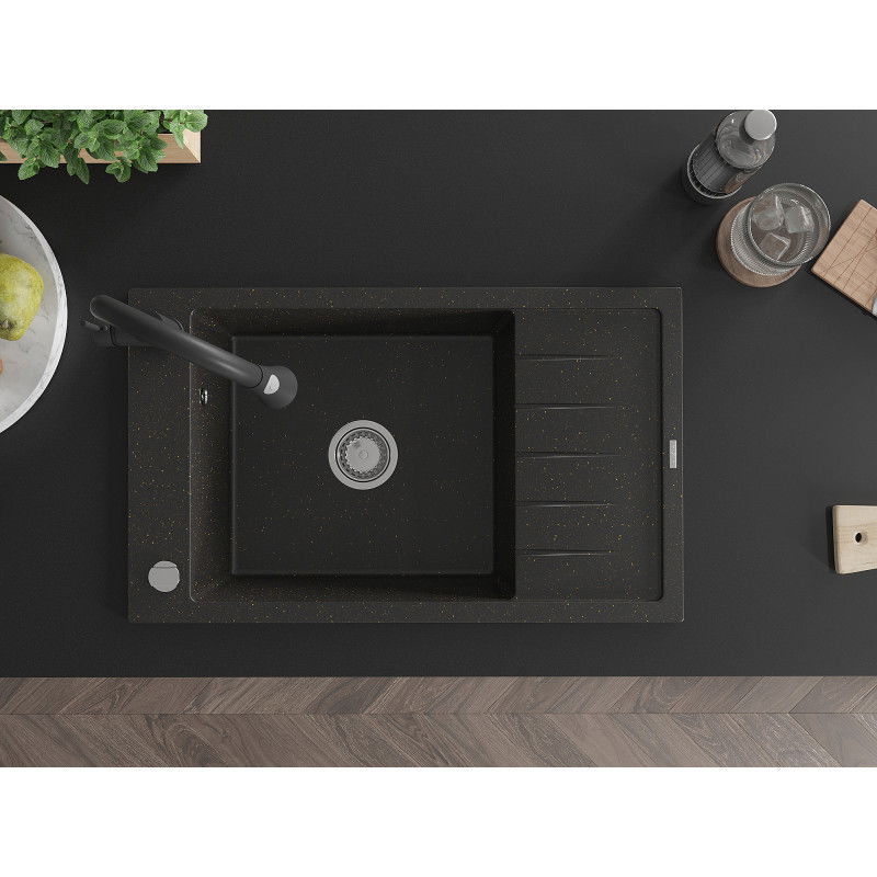 Mexen Elias granite sink 1-bowl with drainer and kitchen tap Elia, black/gold metallic - 6511-75-670101-70