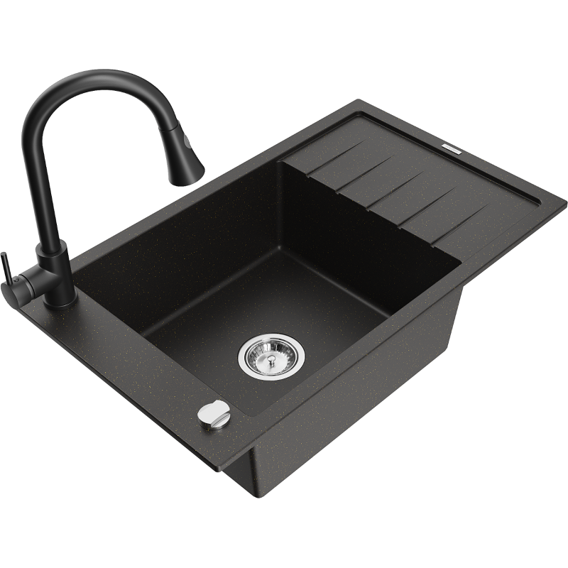 Mexen Elias 1-compartment granite sink with a drip tray and kitchen mixer tap Elia, Black/Gold metallic - 6511-75-670101-70