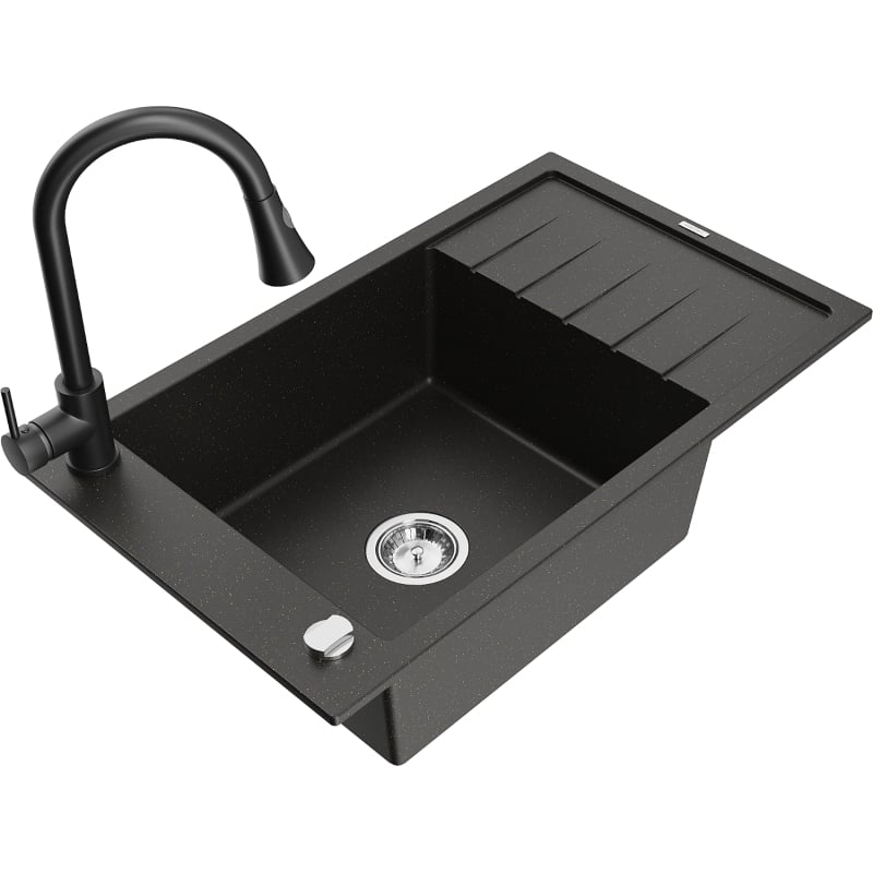 Mexen Elias granite kitchen sink 1-bowl with drainer and kitchen faucet Elia, black/golden metallic - 6511-75-670101-70
