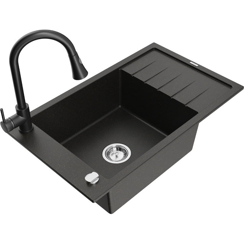 Mexen Elias granite single-bowl kitchen sink with drainer and kitchen faucet Elia, black/golden metallic - 6511-75-670101-70