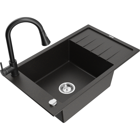 Mexen Elias 1-compartment granite sink with a drip tray and kitchen mixer tap Elia, Black/Gold metallic - 6511-75-670101-70