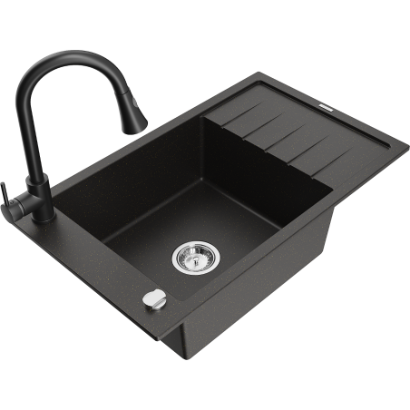 Mexen Elias granite sink 1-bowl with drainer and kitchen tap Elia, black/gold metallic - 6511-75-670101-70