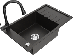 Mexen Elias 1-compartment granite sink with a drip tray and kitchen mixer tap Elia, Black/Gold metallic - 6511-75-670101-70