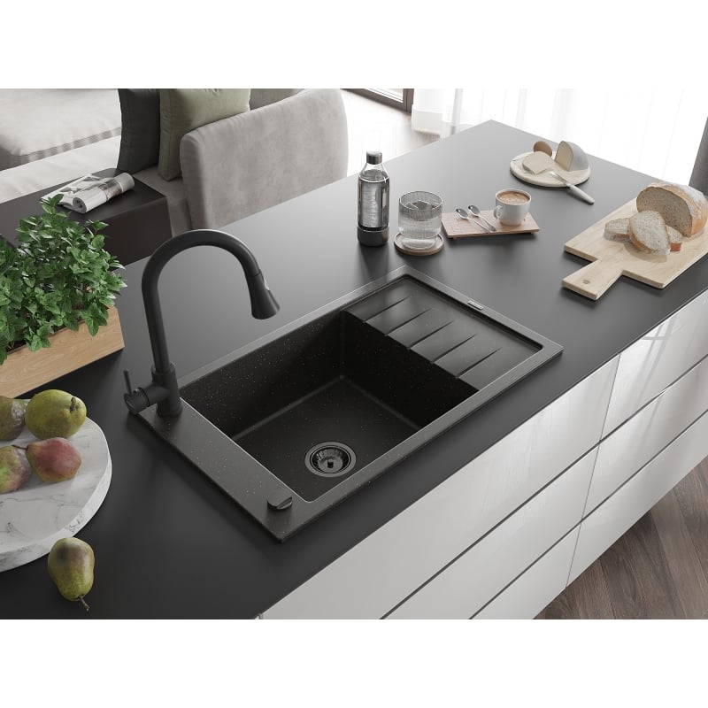 Mexen Elias 1-bowl granite sink with drainer and kitchen faucet Elia, black/gold metallic - 6511-75-670101-70-B