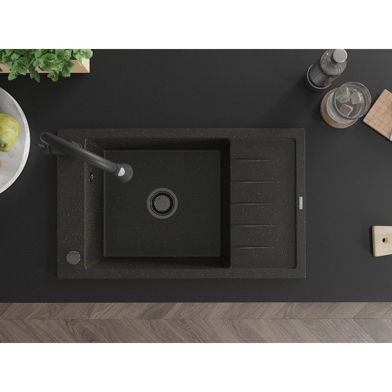 Mexen Elias granite kitchen sink 1-bowl with drainer and Elia kitchen tap, black/gold metallic - 6511-75-670101-70-B