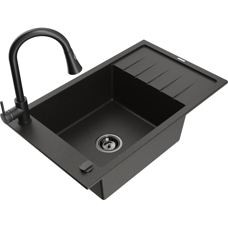 Mexen Elias 1-compartment granite sink with a drip tray and kitchen mixer tap Elia, Black/Gold metallic - 6511-75-670101-70-B