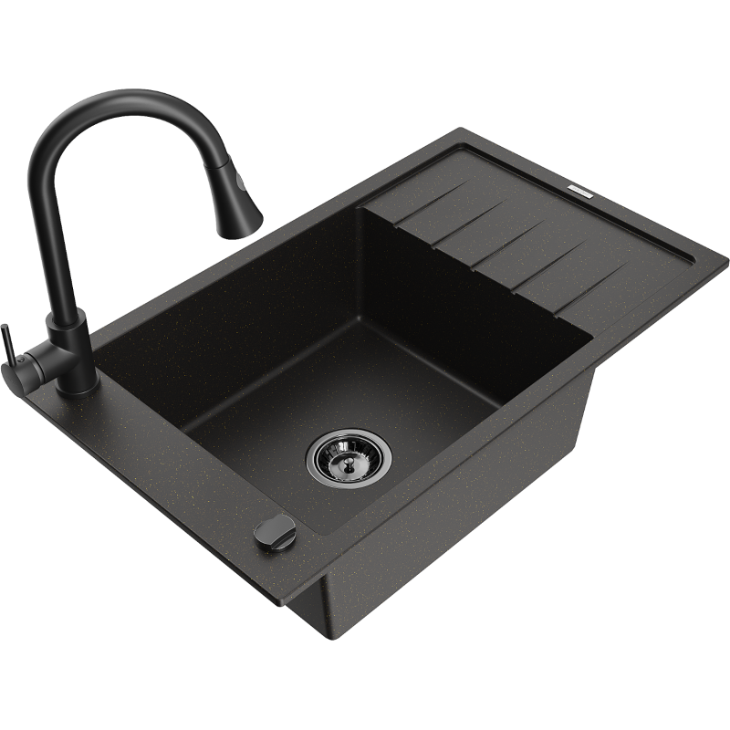 Mexen Elias granite kitchen sink 1-bowl with drainer and Elia kitchen tap, black/gold metallic - 6511-75-670101-70-B