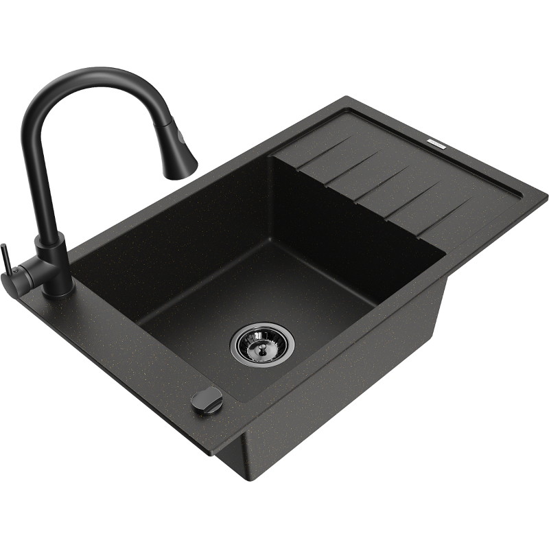 Mexen Elias granite sink 1-bowl with drainer and kitchen faucet Elia, black/gold metallic - 6511-75-670101-70-B