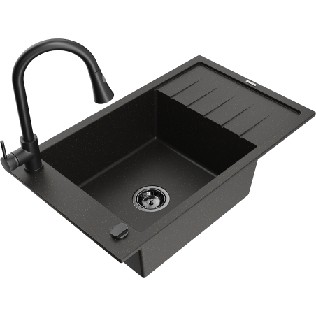 Mexen Elias 1-bowl granite sink with drainer and kitchen faucet Elia, black/gold metallic - 6511-75-670101-70-B
