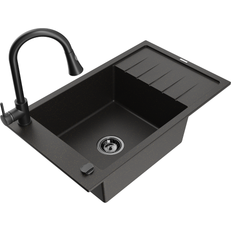 Mexen Elias granite kitchen sink 1-bowl with drainer and Elia kitchen tap, black/gold metallic - 6511-75-670101-70-B