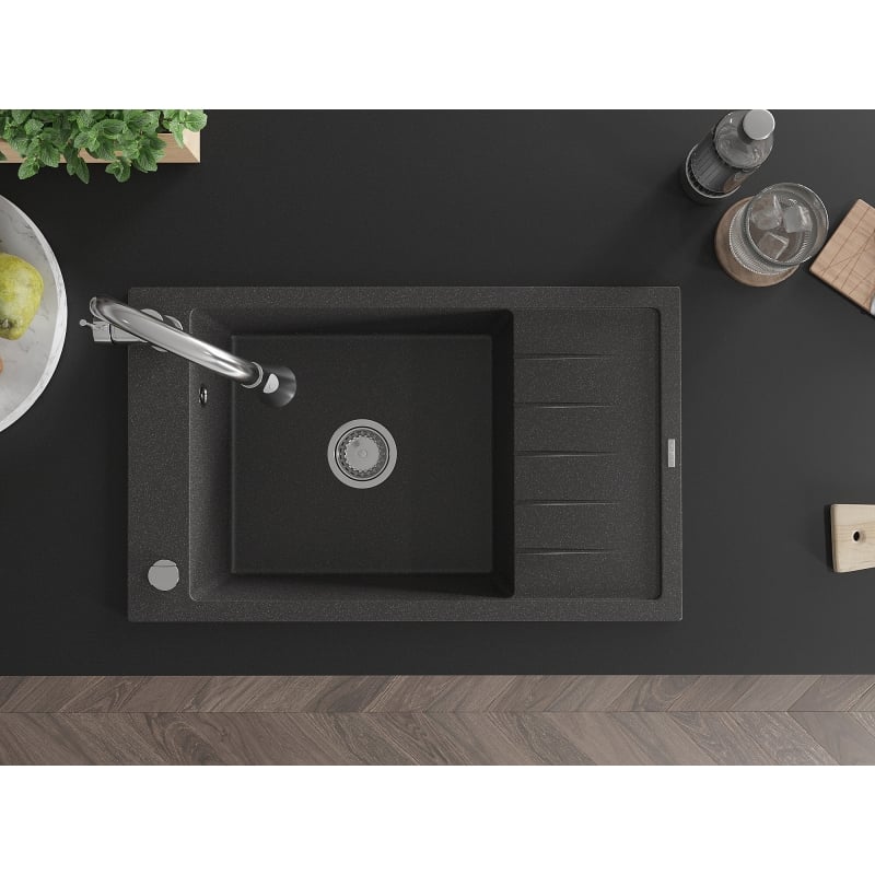 Mexen Elias granite sink: 1-bowl with drainer and kitchen faucet Elia, black speckled - 6511-76-670101-00