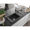 Mexen Elias granite sink: 1-bowl with drainer and kitchen faucet Elia, black speckled - 6511-76-670101-00